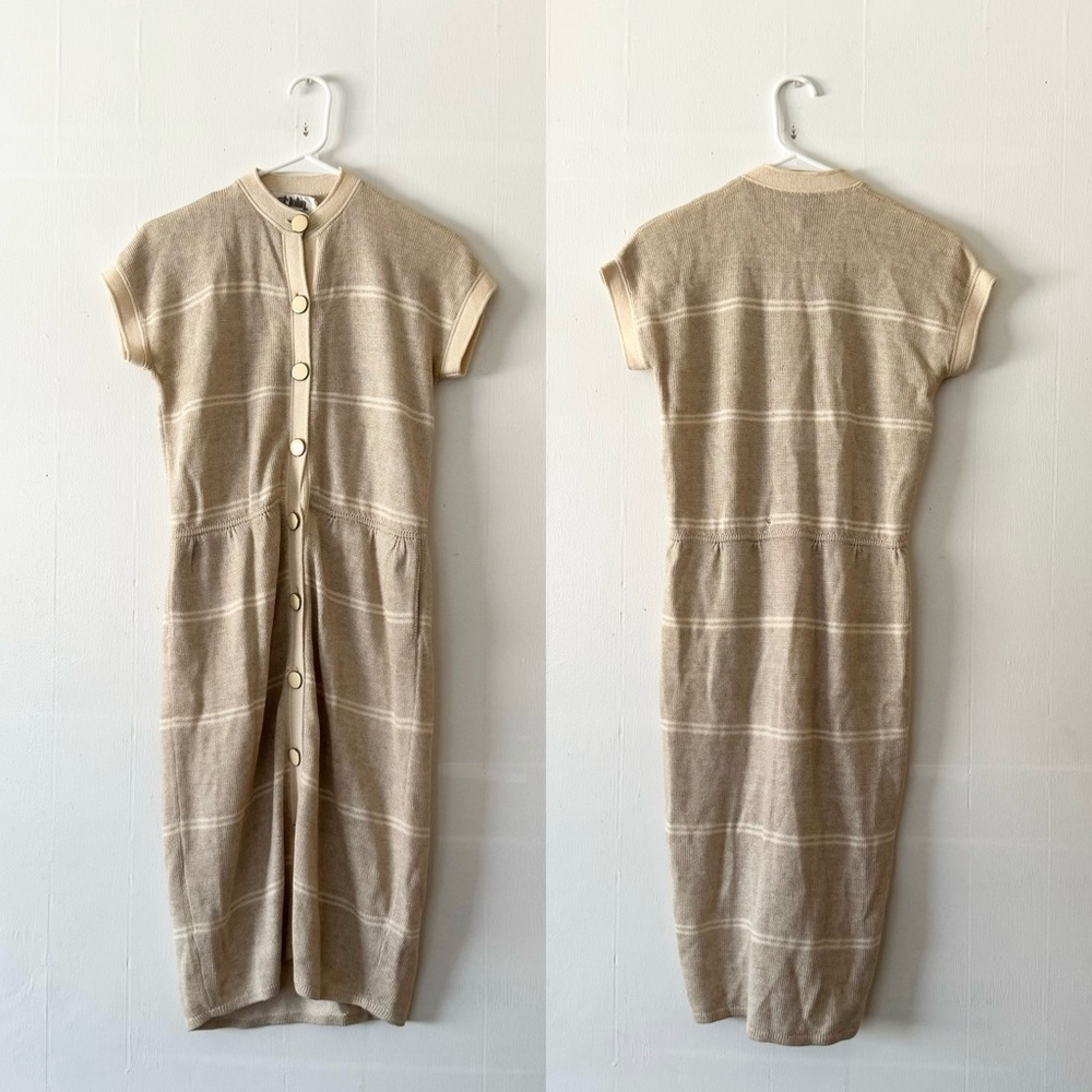St. John Marie Gray Vintage 1977 Santana Knit Beige Striped Button Down Dress